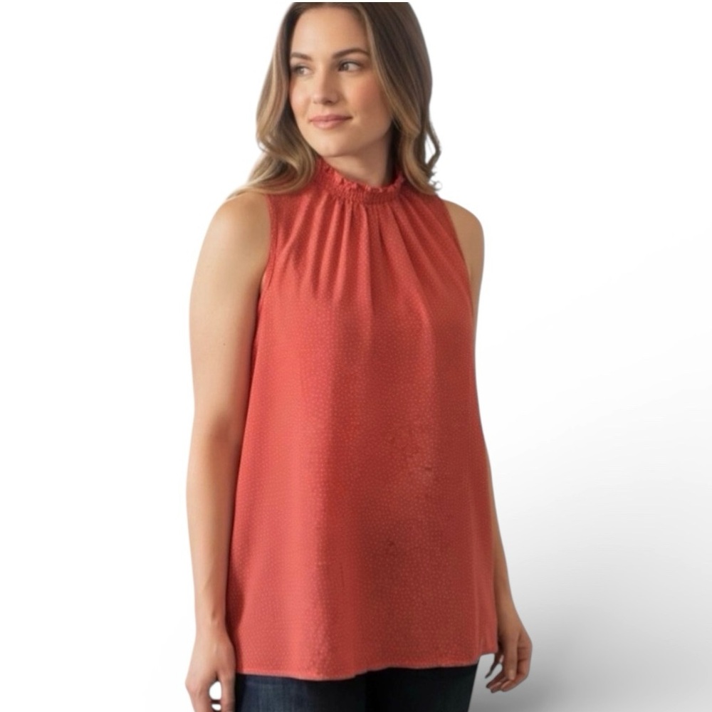 LOFT Coral Polka Dot Smocked Mock Neck Sleeveless Blouse Medium